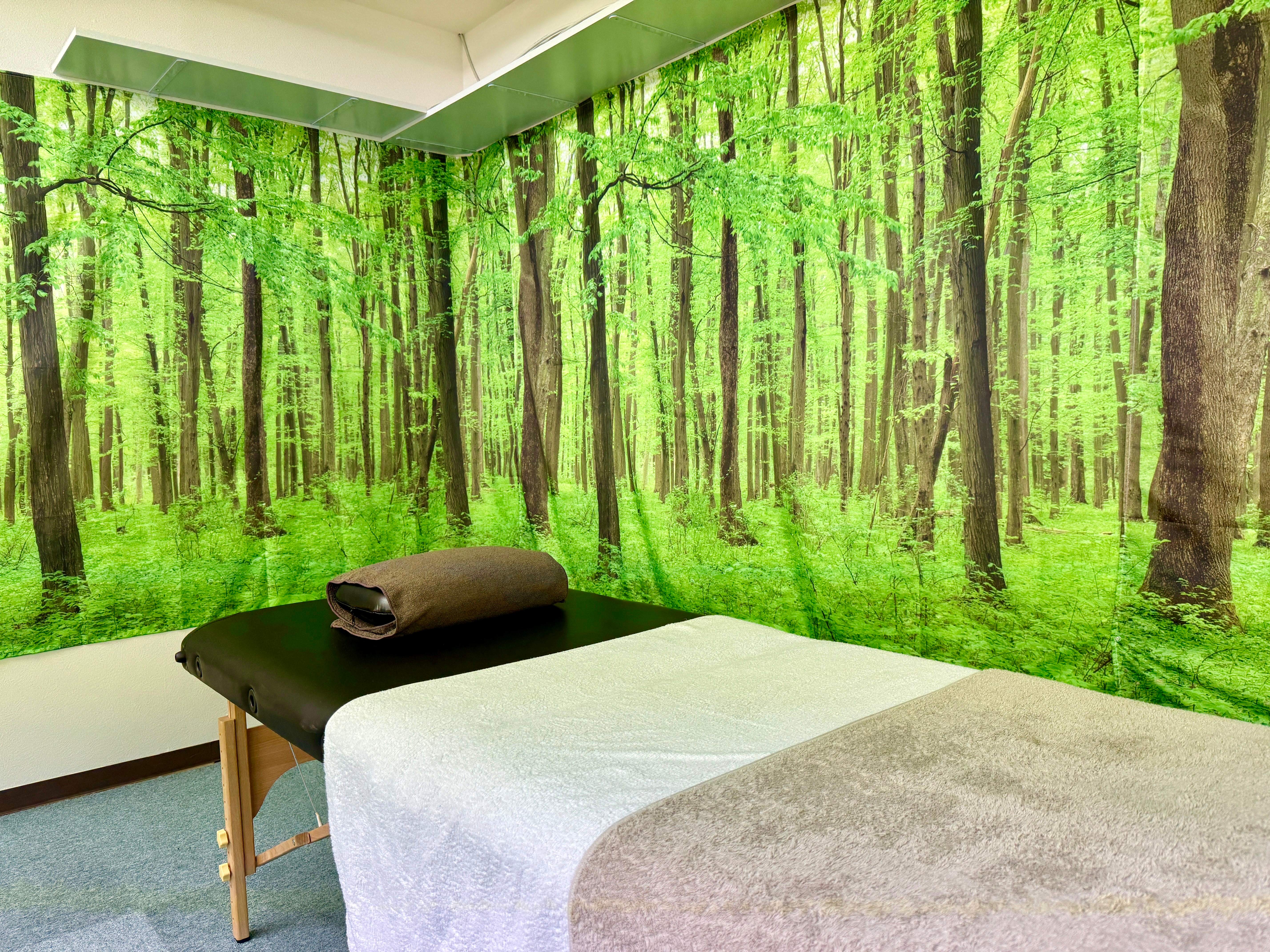 整体・リラクゼーションサロンの実績事例 - Growth Partners Japanによる運用代行で新規獲得増加率220%を達成した癒しの施術空間 整体・リラクゼーションサロンの施術室、緑豊かな森林の壁紙に囲まれた癒しの空間、マッサージベッドが配置されたナチュラルセラピールーム